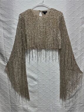 Nasty Gal Collection Heavy Beaded Sequin Fringe Bell Sleeve Crop Top – US 6